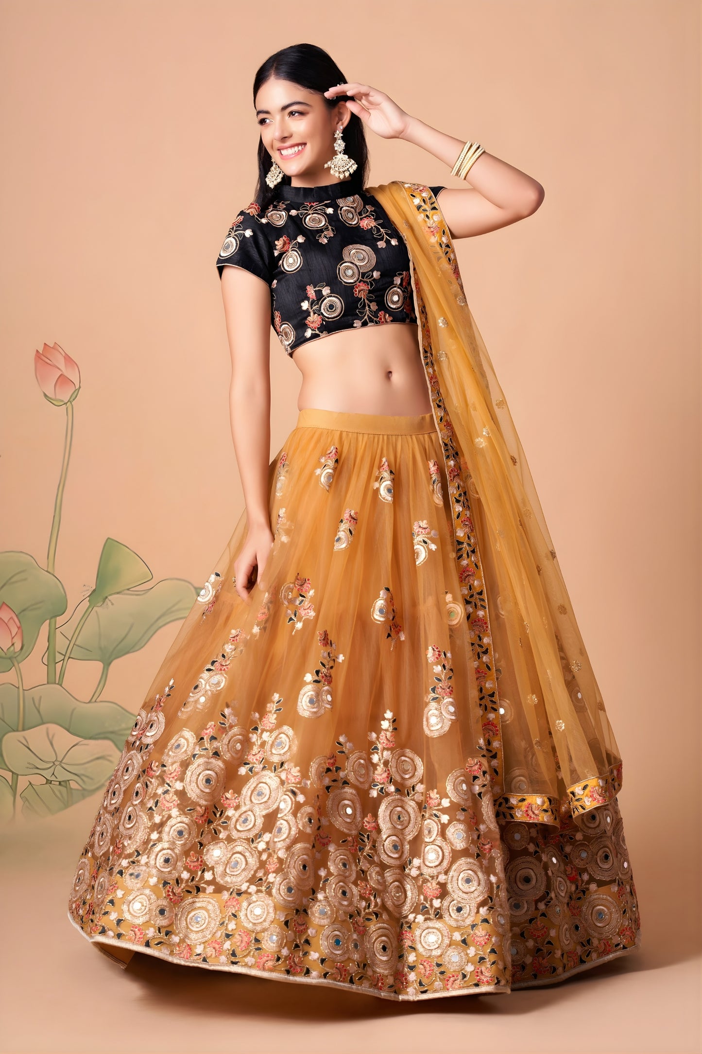 Amazing Mustard Yellow Soft Net Embroidered Lehenga Choli with Black Silk Blouse and Dupatta