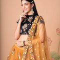 Amazing Mustard Yellow Soft Net Embroidered Lehenga Choli with Black Silk Blouse and Dupatta