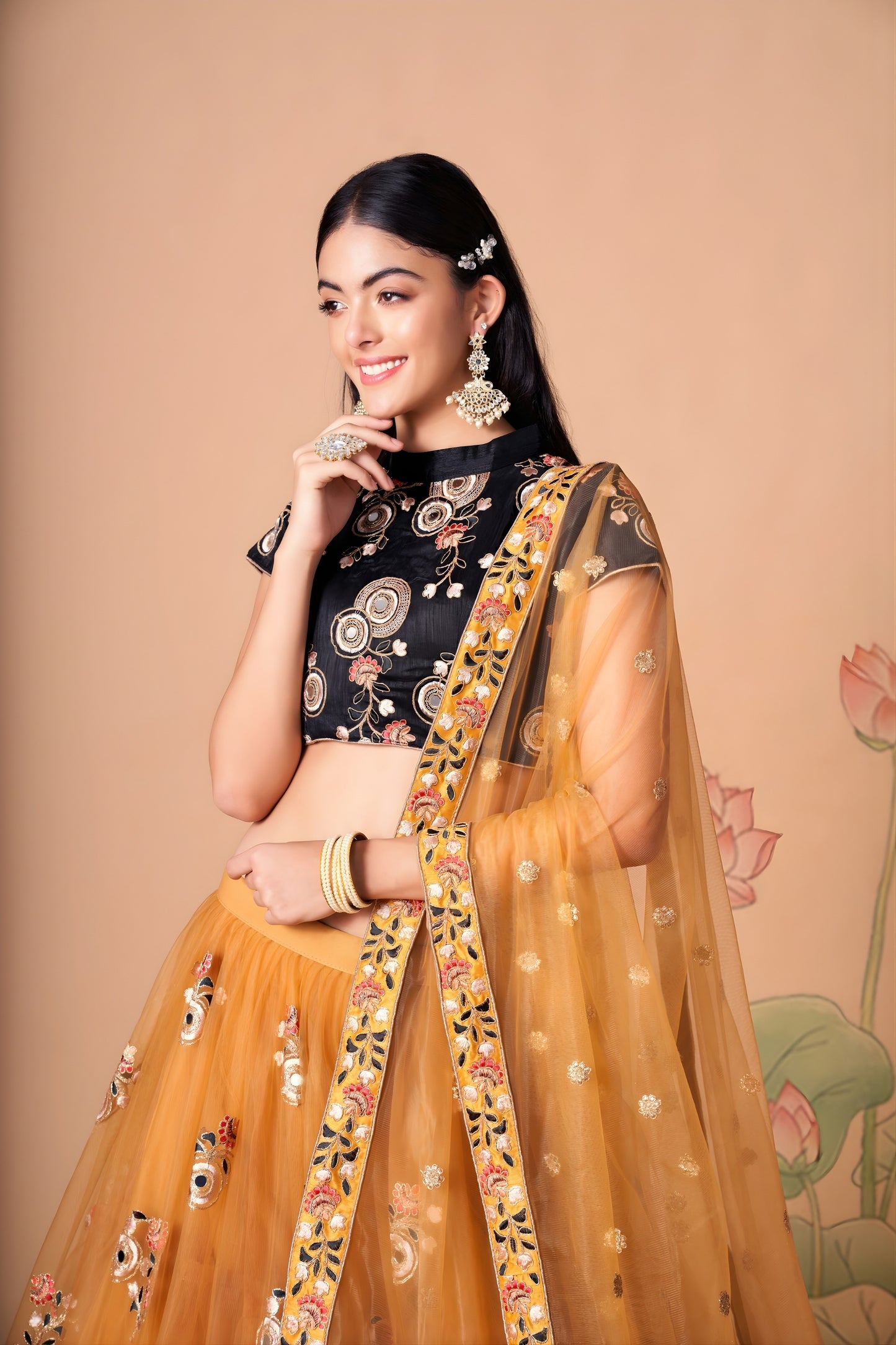 Amazing Mustard Yellow Soft Net Embroidered Lehenga Choli with Black Silk Blouse and Dupatta
