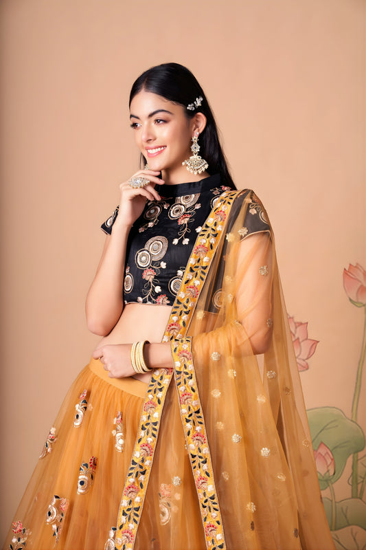 Amazing Mustard Yellow Soft Net Embroidered Lehenga Choli with Black Silk Blouse and Dupatta