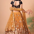 Amazing Mustard Yellow Soft Net Embroidered Lehenga Choli with Black Silk Blouse and Dupatta