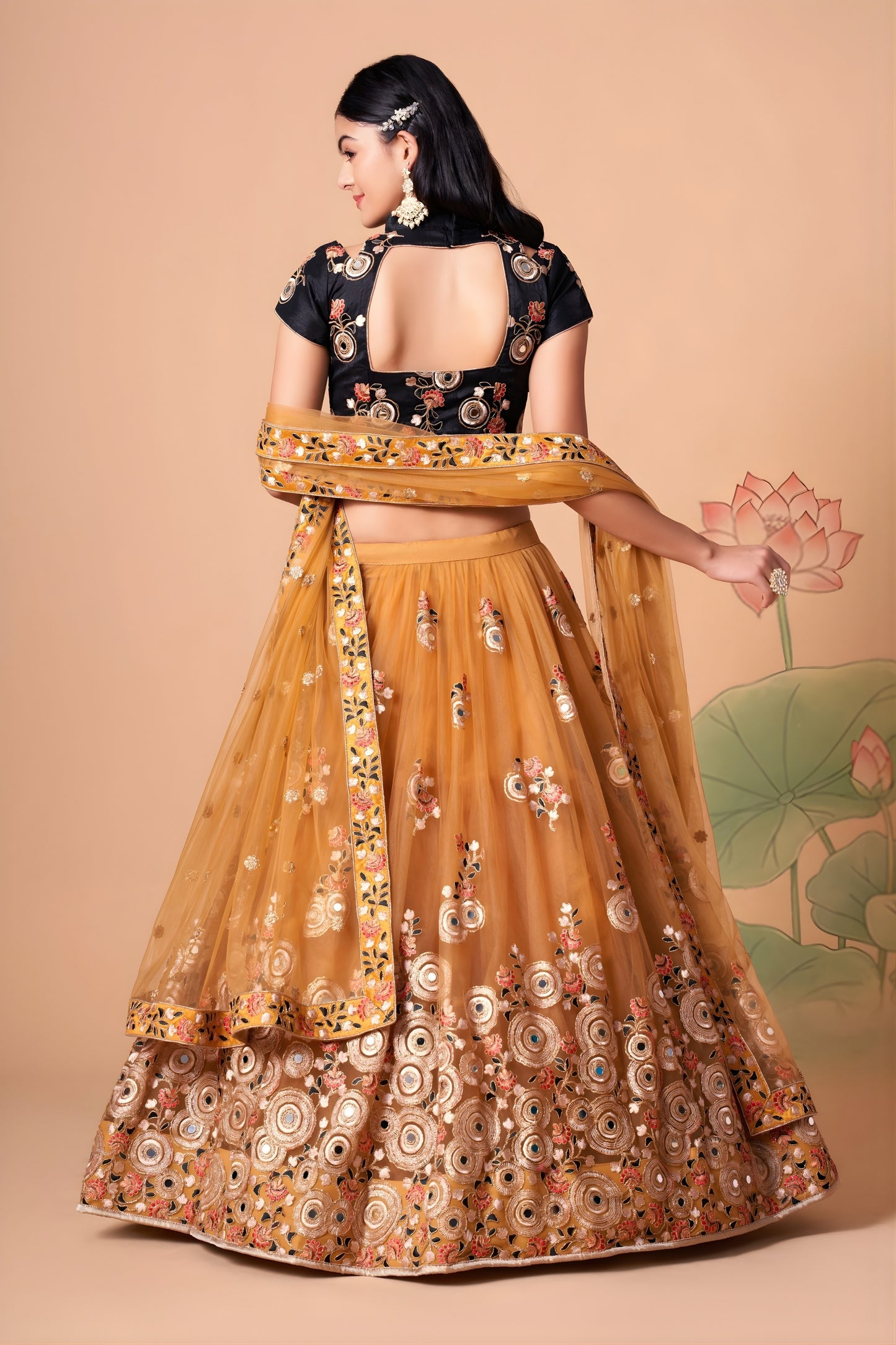 Amazing Mustard Yellow Soft Net Embroidered Lehenga Choli with Black Silk Blouse and Dupatta