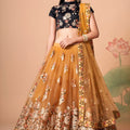 Amazing Mustard Yellow Soft Net Embroidered Lehenga Choli with Black Silk Blouse and Dupatta