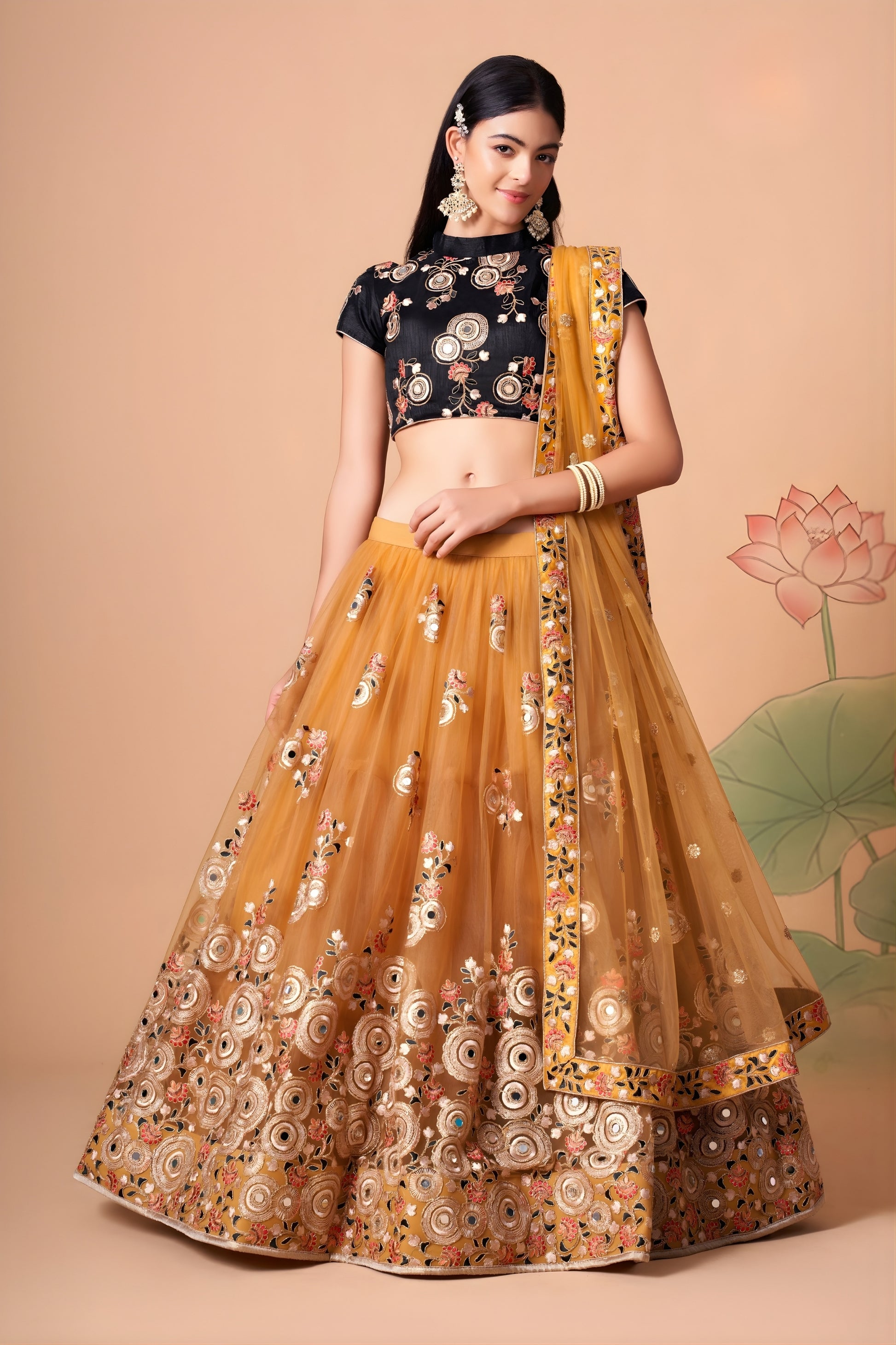 Amazing Mustard Yellow Soft Net Embroidered Lehenga Choli with Black Silk Blouse and Dupatta