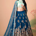 Designer Teal Blue Soft Net Embroidered Lehenga Choli with Mint Green Silk Blouse and Dupatta