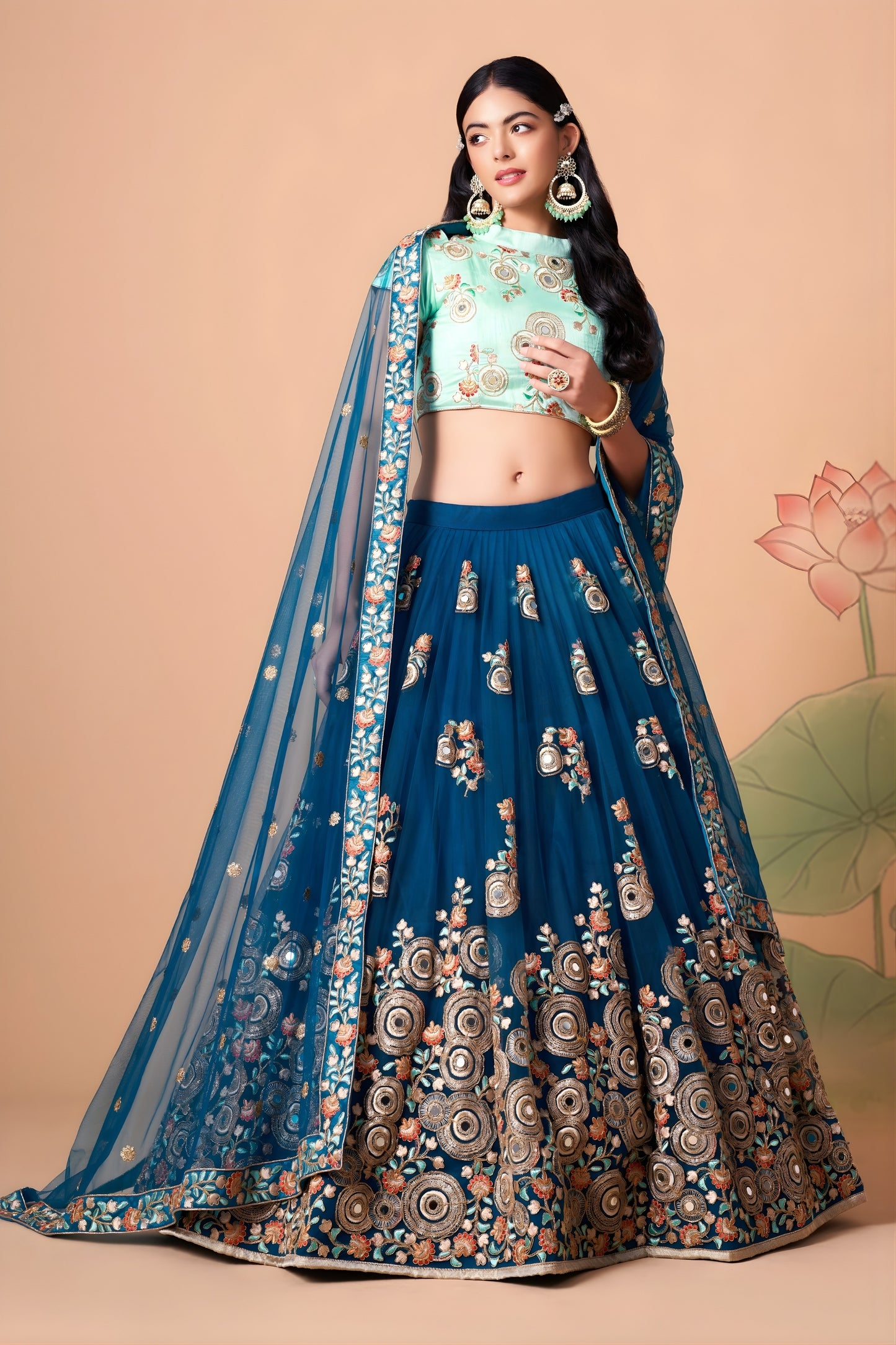 Designer Teal Blue Soft Net Embroidered Lehenga Choli with Mint Green Silk Blouse and Dupatta