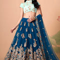 Designer Teal Blue Soft Net Embroidered Lehenga Choli with Mint Green Silk Blouse and Dupatta