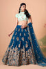 Designer Teal Blue Soft Net Embroidered Lehenga Choli with Mint Green Silk Blouse and Dupatta