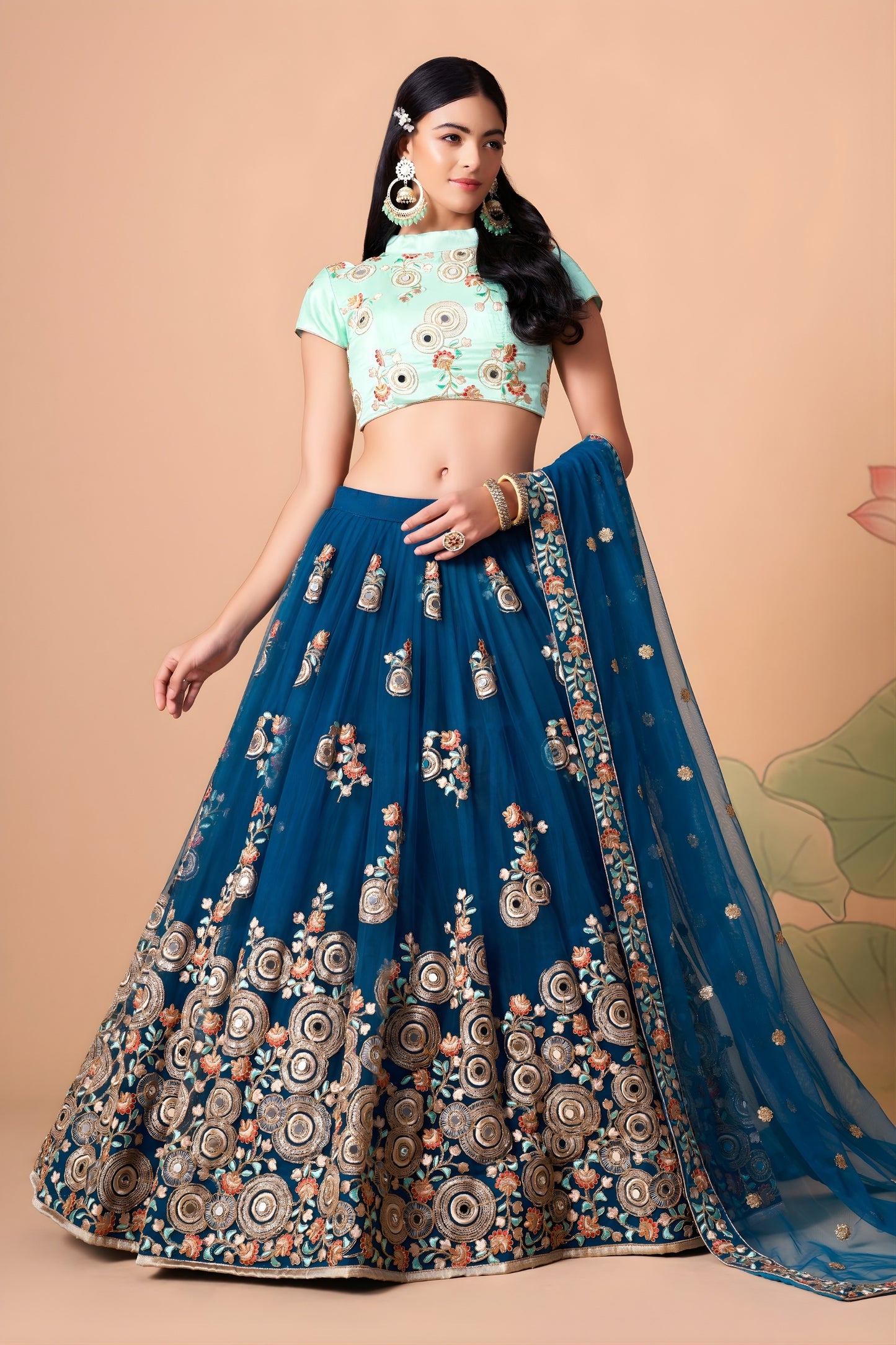 Designer Teal Blue Soft Net Embroidered Lehenga Choli with Mint Green Silk Blouse and Dupatta