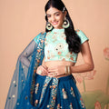 Designer Teal Blue Soft Net Embroidered Lehenga Choli with Mint Green Silk Blouse and Dupatta