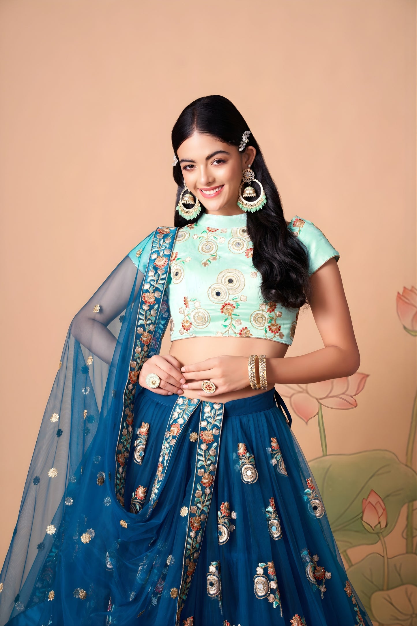 Designer Teal Blue Soft Net Embroidered Lehenga Choli with Mint Green Silk Blouse and Dupatta
