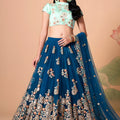 Designer Teal Blue Soft Net Embroidered Lehenga Choli with Mint Green Silk Blouse and Dupatta