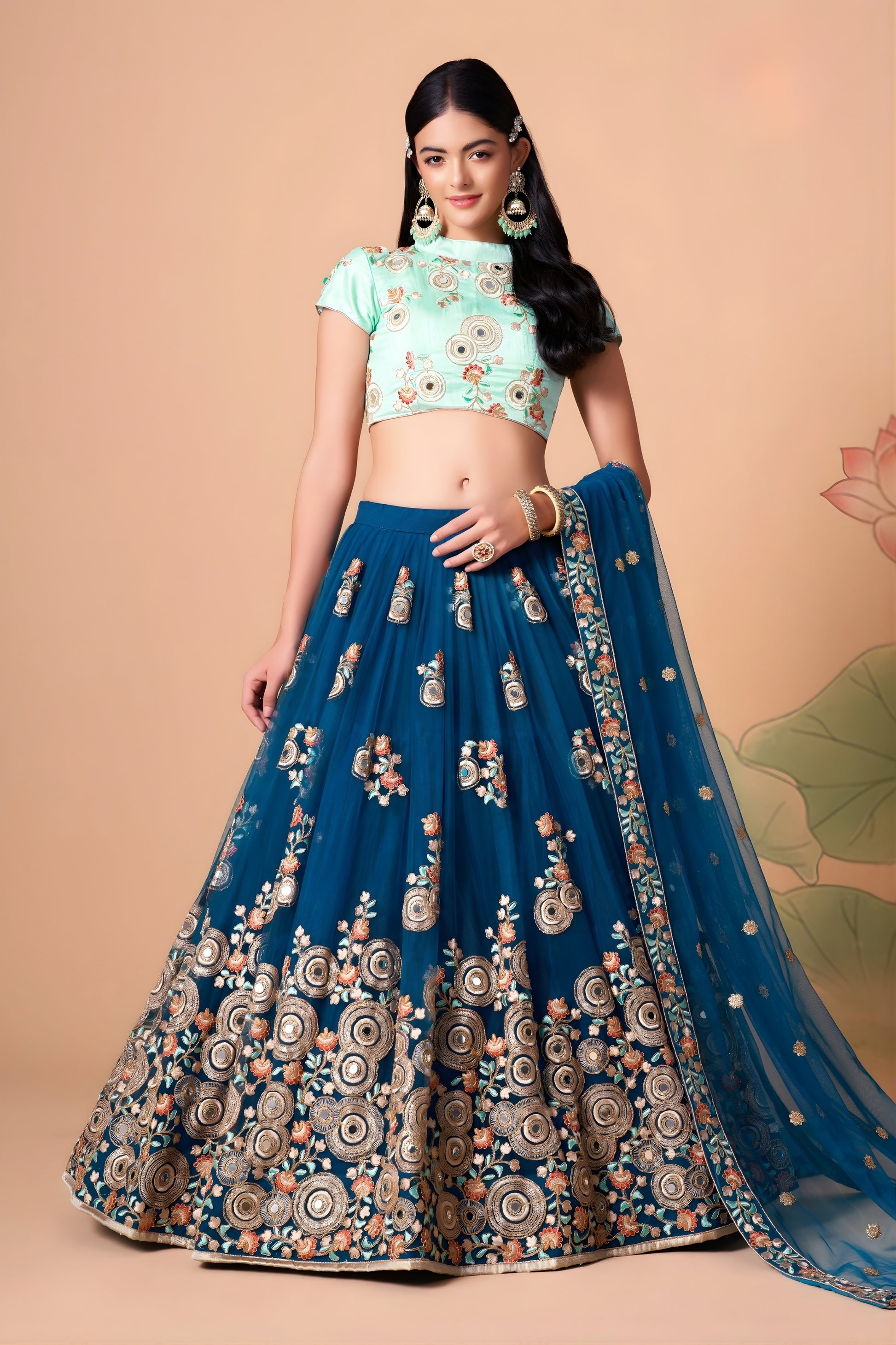 Designer Teal Blue Soft Net Embroidered Lehenga Choli with Mint Green Silk Blouse and Dupatta