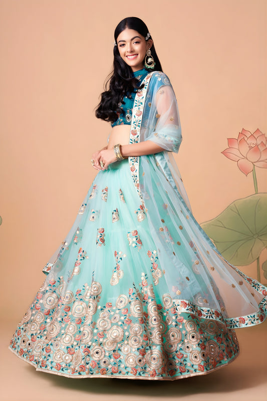 Elegant Sea Green Soft Net Embroidered Lehenga Choli with Dupatta for Wedding