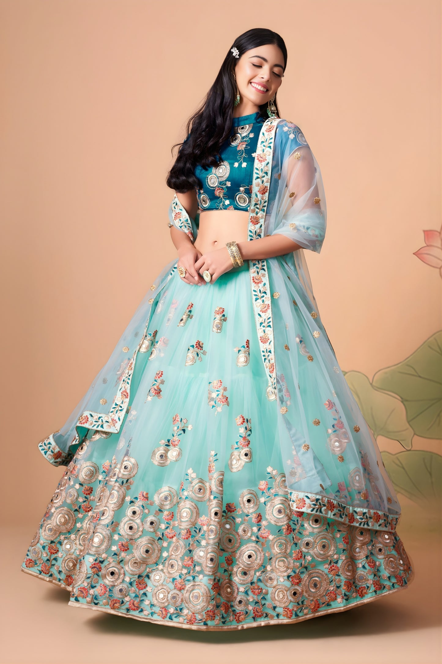 Elegant Sea Green Soft Net Embroidered Lehenga Choli with Dupatta for Wedding