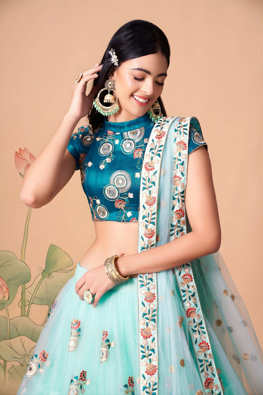 Elegant Sea Green Soft Net Embroidered Lehenga Choli with Dupatta for Wedding