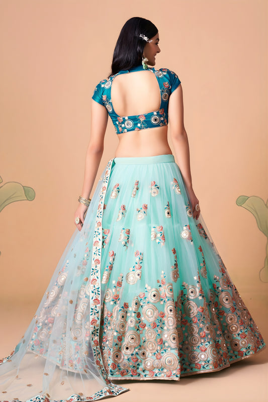 Elegant Sea Green Soft Net Embroidered Lehenga Choli with Dupatta for Wedding