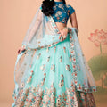 Elegant Sea Green Soft Net Embroidered Lehenga Choli with Dupatta for Wedding