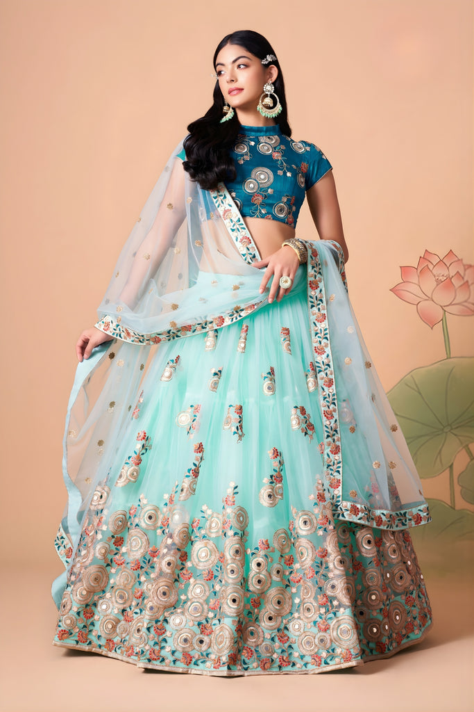 Elegant Sea Green Soft Net Embroidered Lehenga Choli with Dupatta for Wedding