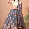 Designer Grey Soft Net Embroidered Lehenga Choli with Dupatta for Wedding