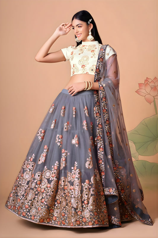 Designer Grey Soft Net Embroidered Lehenga Choli with Dupatta for Wedding