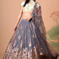 Designer Grey Soft Net Embroidered Lehenga Choli with Dupatta for Wedding