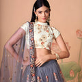 Designer Grey Soft Net Embroidered Lehenga Choli with Dupatta for Wedding