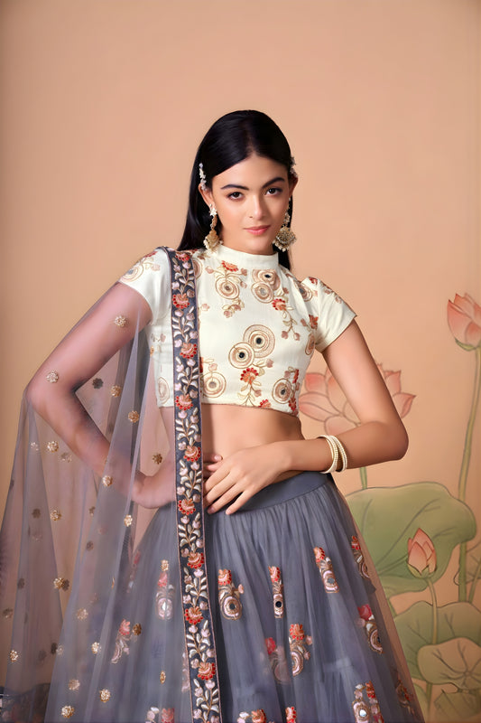 Designer Grey Soft Net Embroidered Lehenga Choli with Dupatta for Wedding