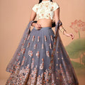 Designer Grey Soft Net Embroidered Lehenga Choli with Dupatta for Wedding