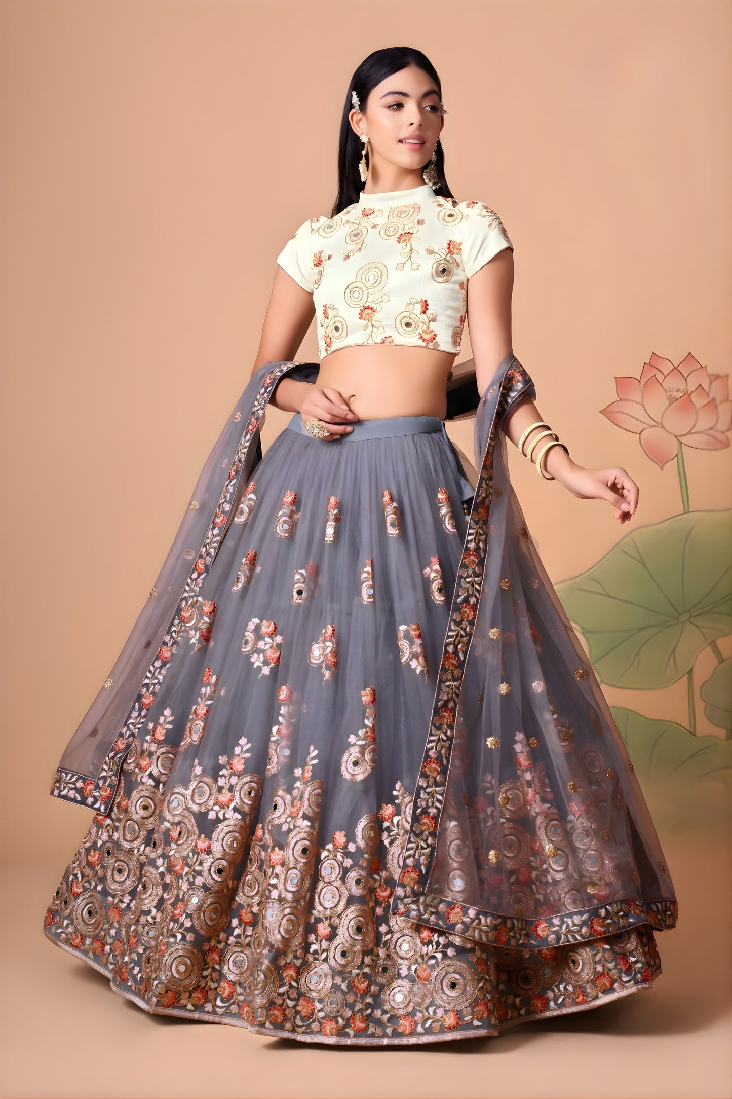 Designer Grey Soft Net Embroidered Lehenga Choli with Dupatta for Wedding