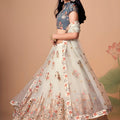 Charming Cream Soft Net Embroidered Lehenga Choli with Grey Blouse and Dupatta