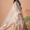 Charming Cream Soft Net Embroidered Lehenga Choli with Grey Blouse and Dupatta