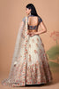 Charming Cream Soft Net Embroidered Lehenga Choli with Grey Blouse and Dupatta