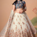 Charming Cream Soft Net Embroidered Lehenga Choli with Grey Blouse and Dupatta