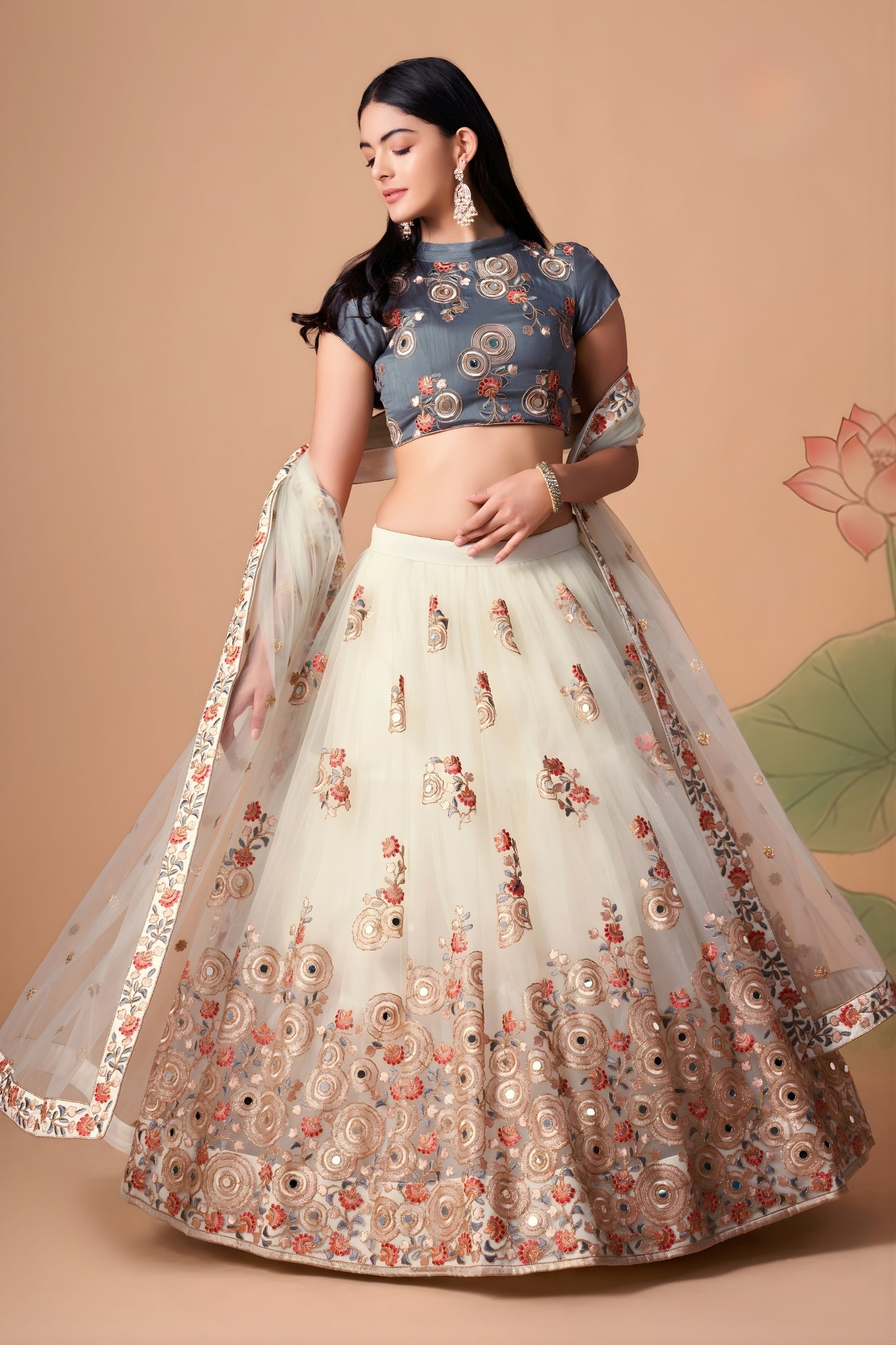 Charming Cream Soft Net Embroidered Lehenga Choli with Grey Blouse and Dupatta