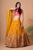 Imperial Mustard Yellow Soft Net Embroidered Lehenga Choli with Red Blouse and Dupatta
