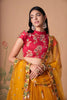 Imperial Mustard Yellow Soft Net Embroidered Lehenga Choli with Red Blouse and Dupatta