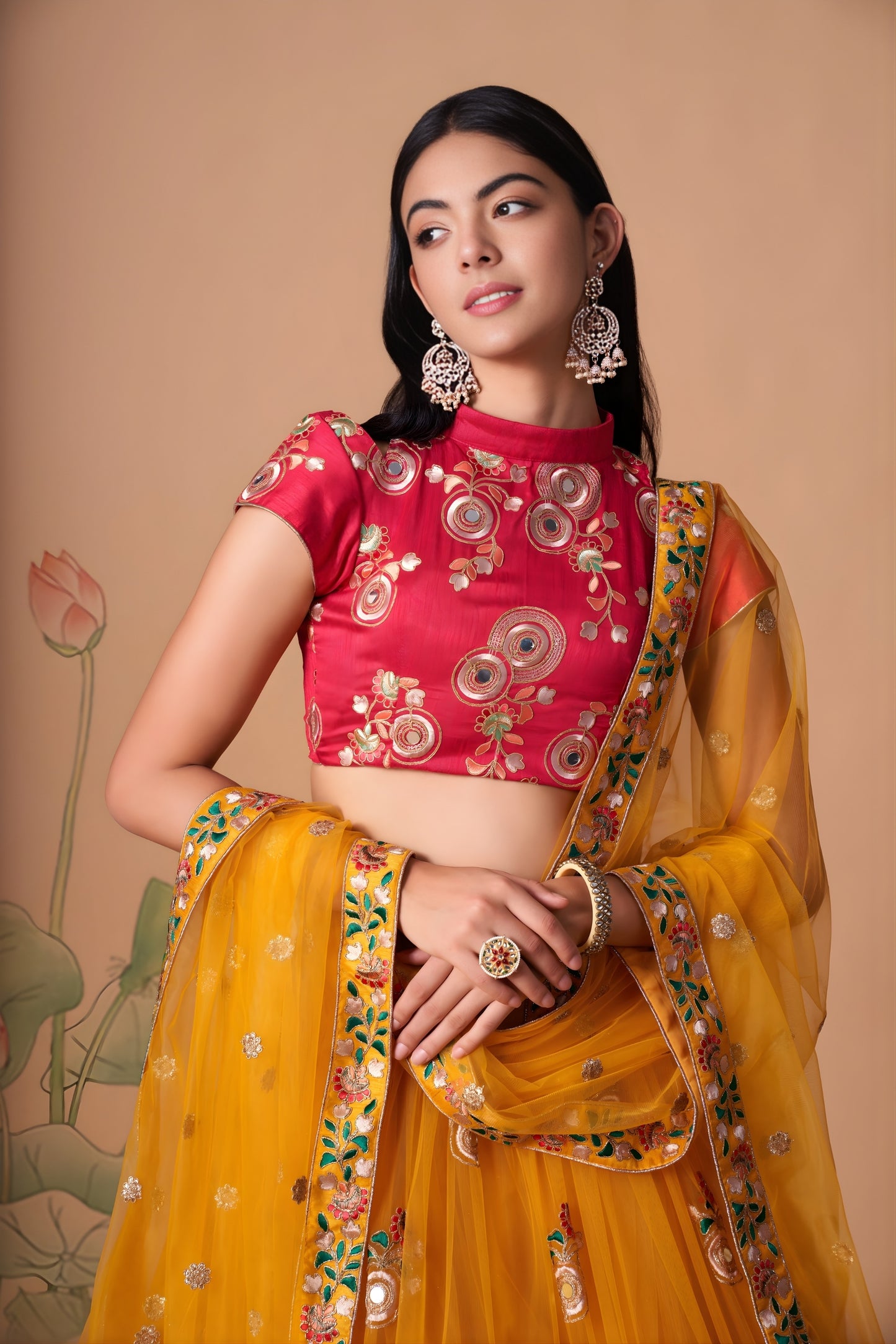 Imperial Mustard Yellow Soft Net Embroidered Lehenga Choli with Red Blouse and Dupatta