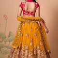 Imperial Mustard Yellow Soft Net Embroidered Lehenga Choli with Red Blouse and Dupatta
