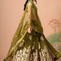 Elegant Olive Green Soft Net Embroidered Lehenga Choli with Pista Green Blouse and Dupatta