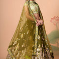 Elegant Olive Green Soft Net Embroidered Lehenga Choli with Pista Green Blouse and Dupatta