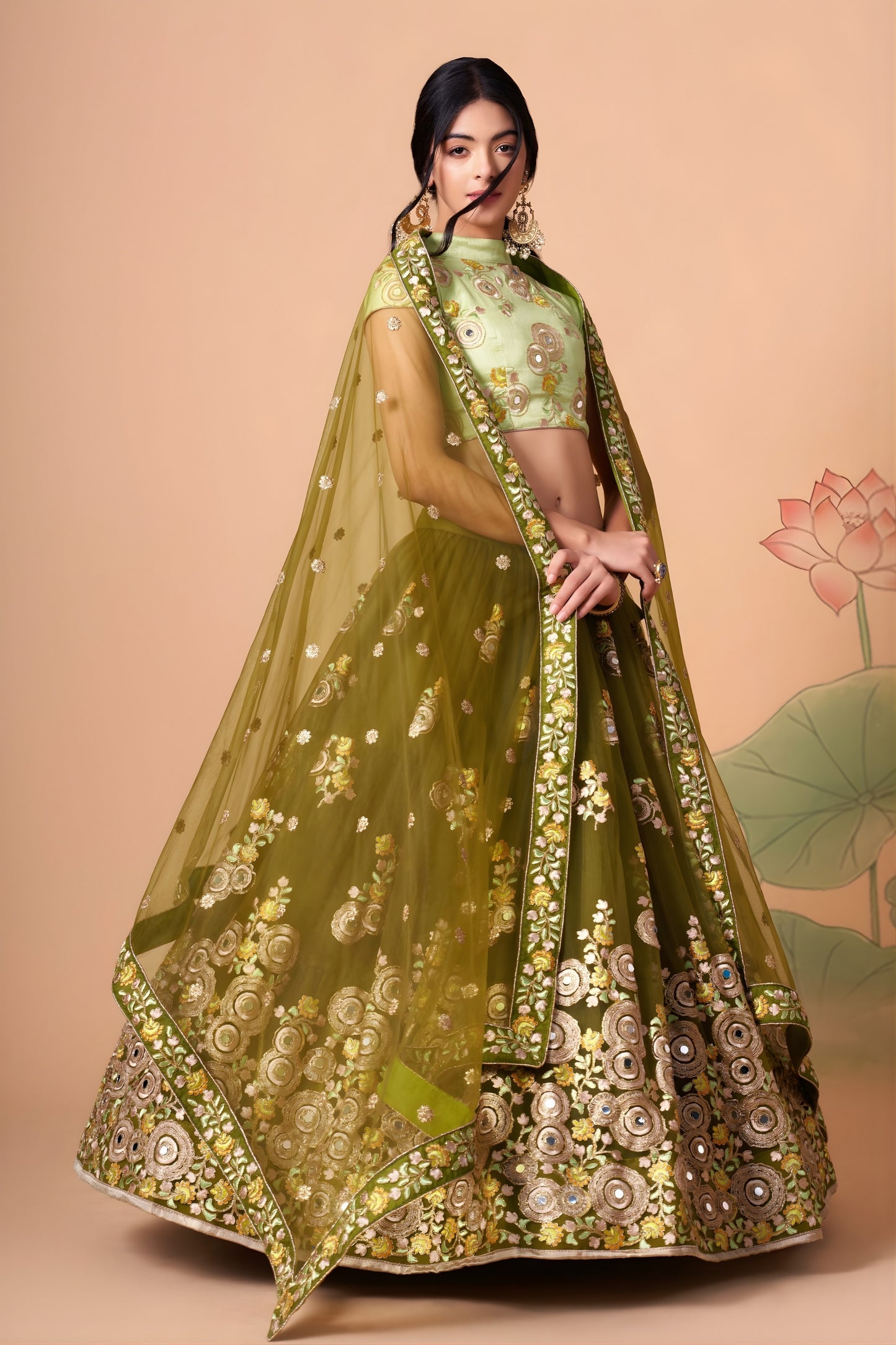 Elegant Olive Green Soft Net Embroidered Lehenga Choli with Pista Green Blouse and Dupatta