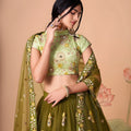 Elegant Olive Green Soft Net Embroidered Lehenga Choli with Pista Green Blouse and Dupatta