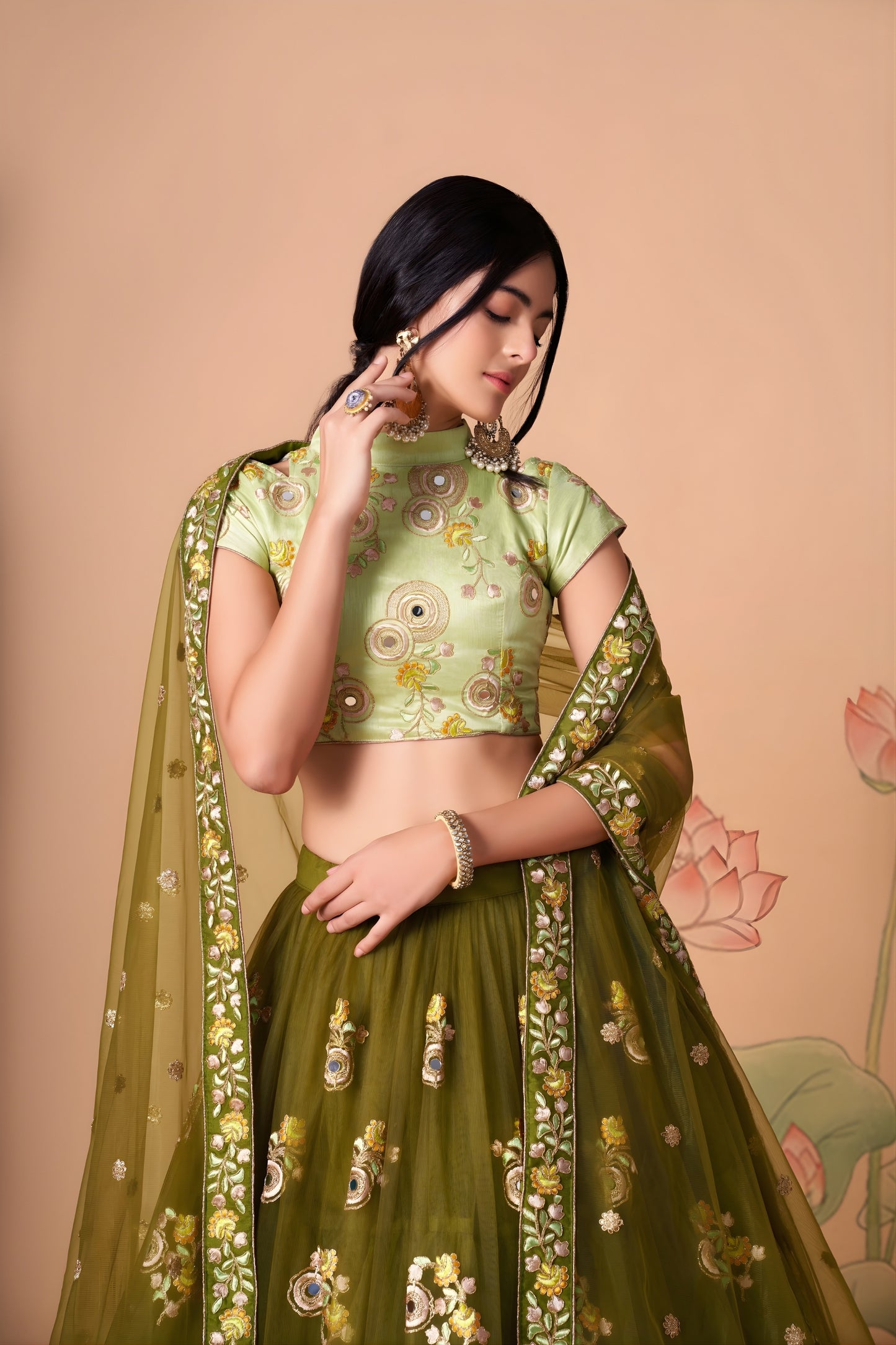 Elegant Olive Green Soft Net Embroidered Lehenga Choli with Pista Green Blouse and Dupatta