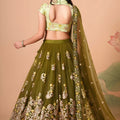 Elegant Olive Green Soft Net Embroidered Lehenga Choli with Pista Green Blouse and Dupatta