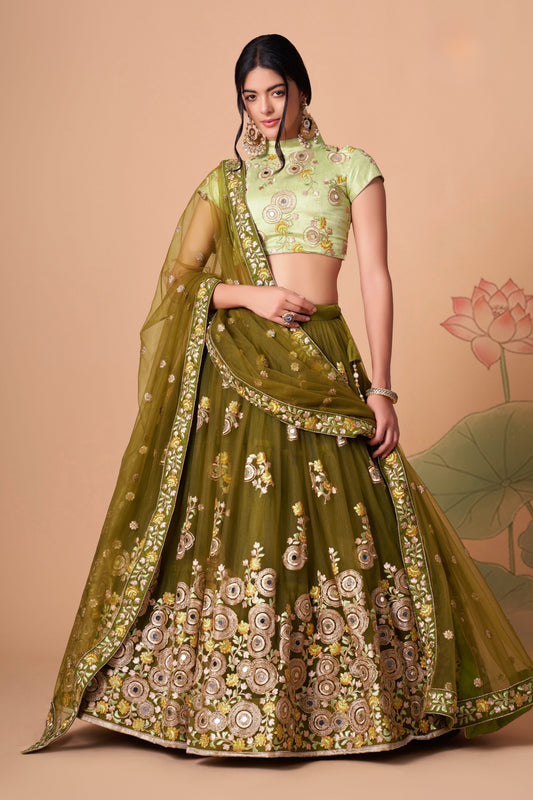 Elegant Olive Green Soft Net Embroidered Lehenga Choli with Pista Green Blouse and Dupatta