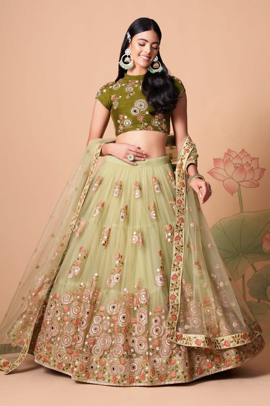 Beautiful Pista Green Soft Net Embroidered Lehenga Choli with Olive Green Blouse and Dupatta
