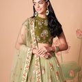 Beautiful Pista Green Soft Net Embroidered Lehenga Choli with Olive Green Blouse and Dupatta