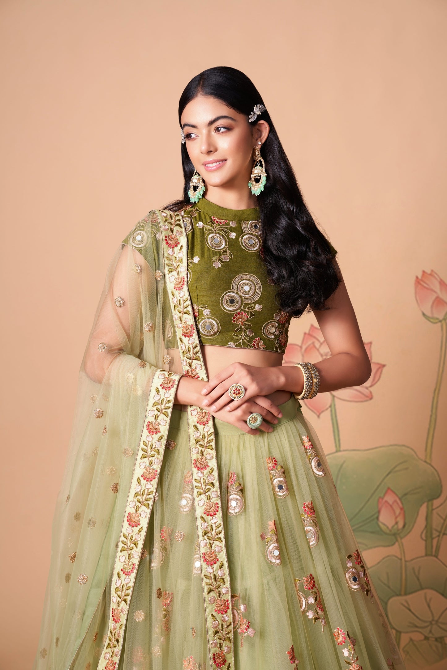 Beautiful Pista Green Soft Net Embroidered Lehenga Choli with Olive Green Blouse and Dupatta