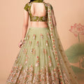 Beautiful Pista Green Soft Net Embroidered Lehenga Choli with Olive Green Blouse and Dupatta